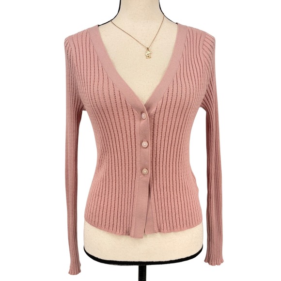 Wild Fable Pink Ribbed Knit Long Sleeve Button Up Cardigan Sweater - Picture 2 of 8